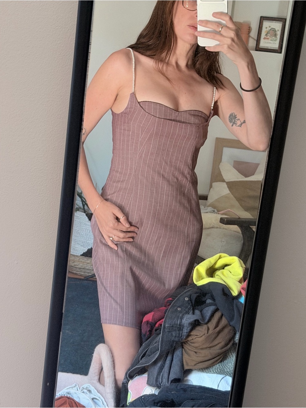Moschino Sleeveless Mauve Pinstripe Sheath Dress with Pearl Straps - Picture 4 of 5